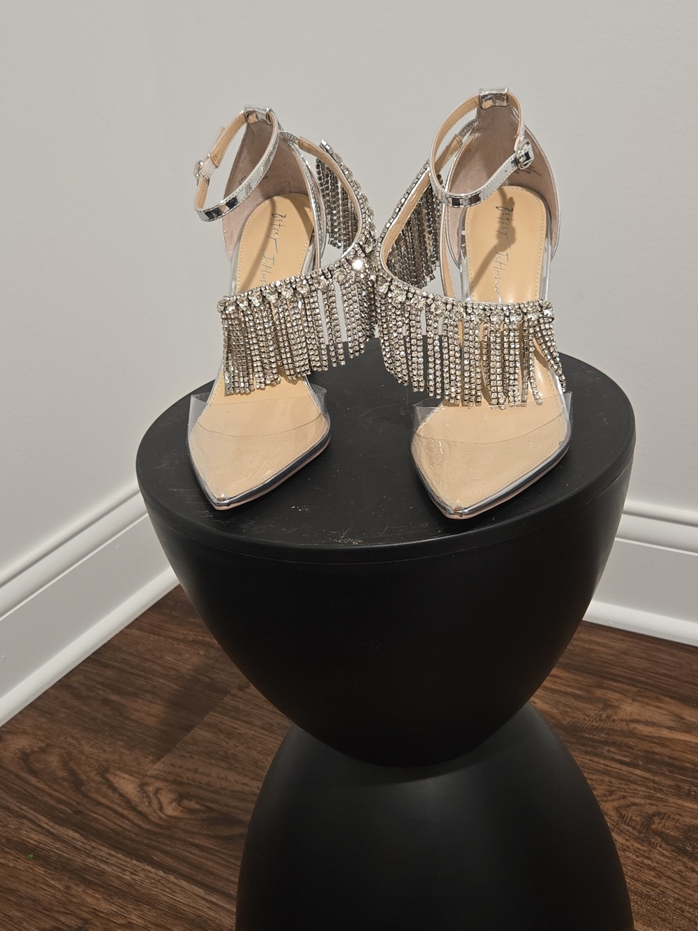 Betsey Johnson Silver Fringe Ankle-Strap Pumps with Nude Toe